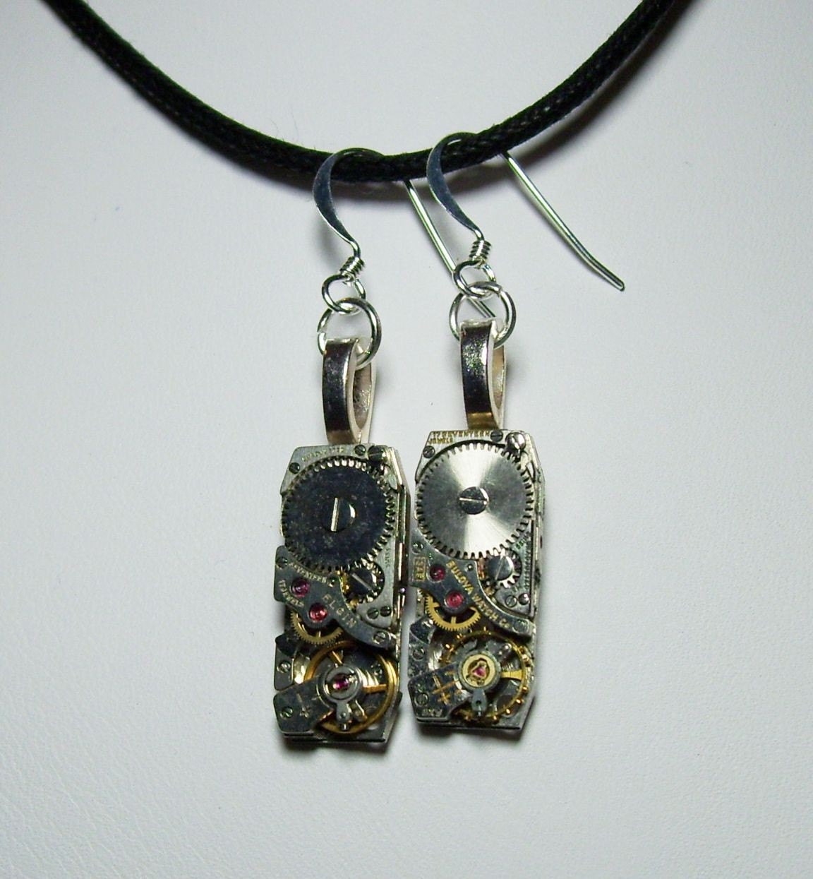 Sterling Silver Vintage 17 Jewel Watch Movement Steampunk Neo Victorian Earrings (58)