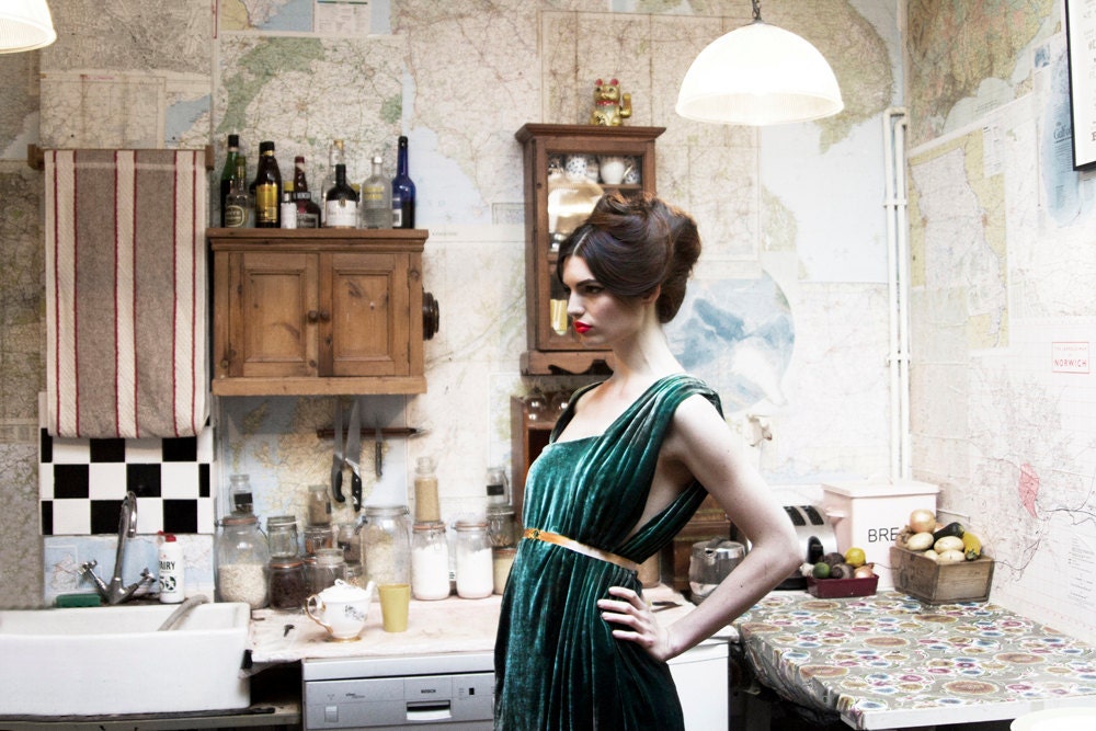 SAMPLE SALE Tilda Green Velvet Assymetrical Long Sleeve Dress