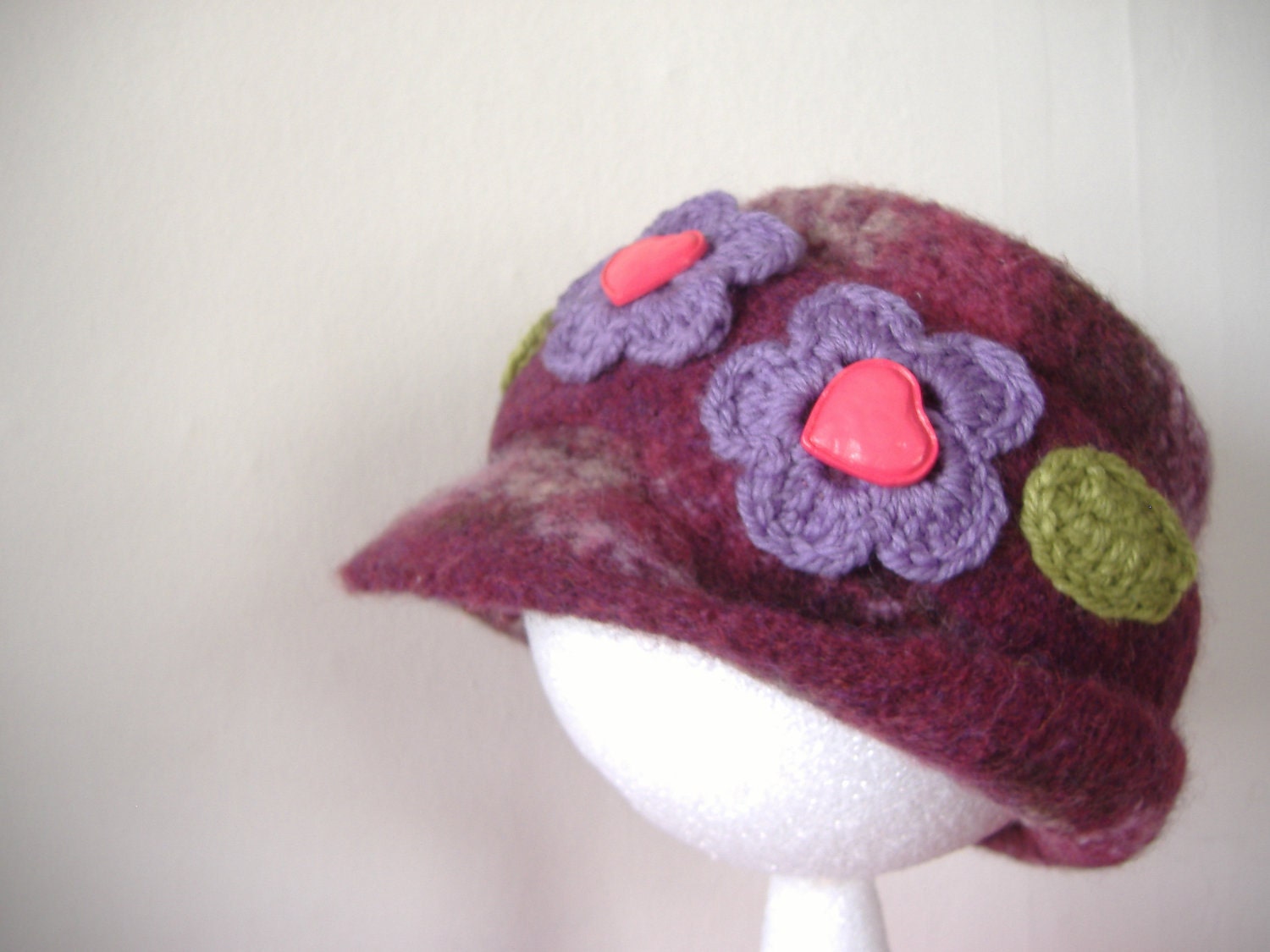 SALE - Winter Lil Girls Hat with Flowers in Purple Plum Felted Merino Wool - 6 to 12 mo - FREE SHIPPING