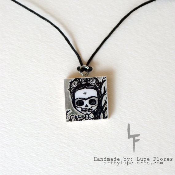 Frida Kahlo scrabble tile Pendant Necklace art by Lupe Flores gift LF sugar skull