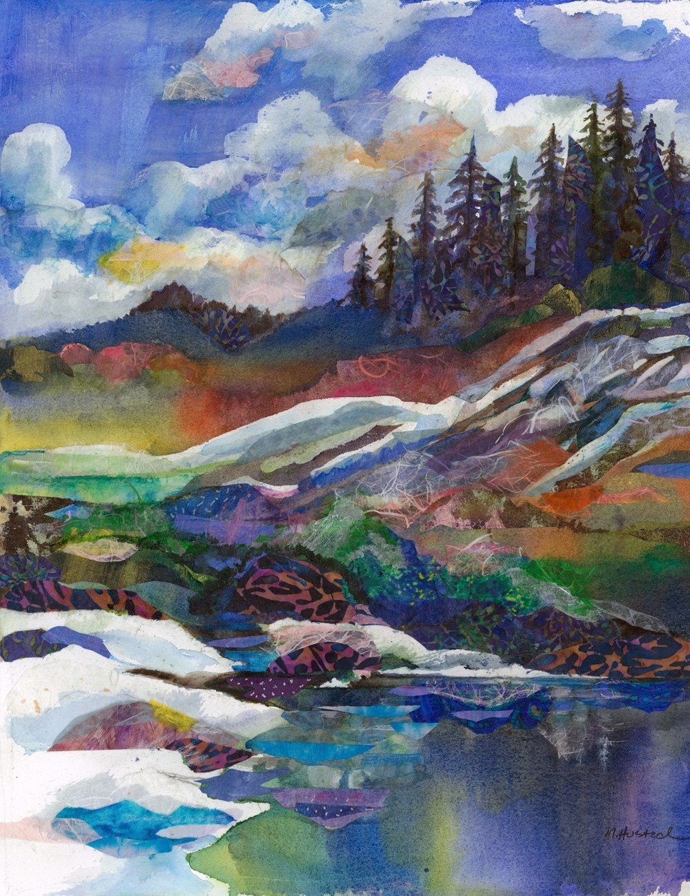 Watercolor Mixed Media Mountain View Print by Marty Husted