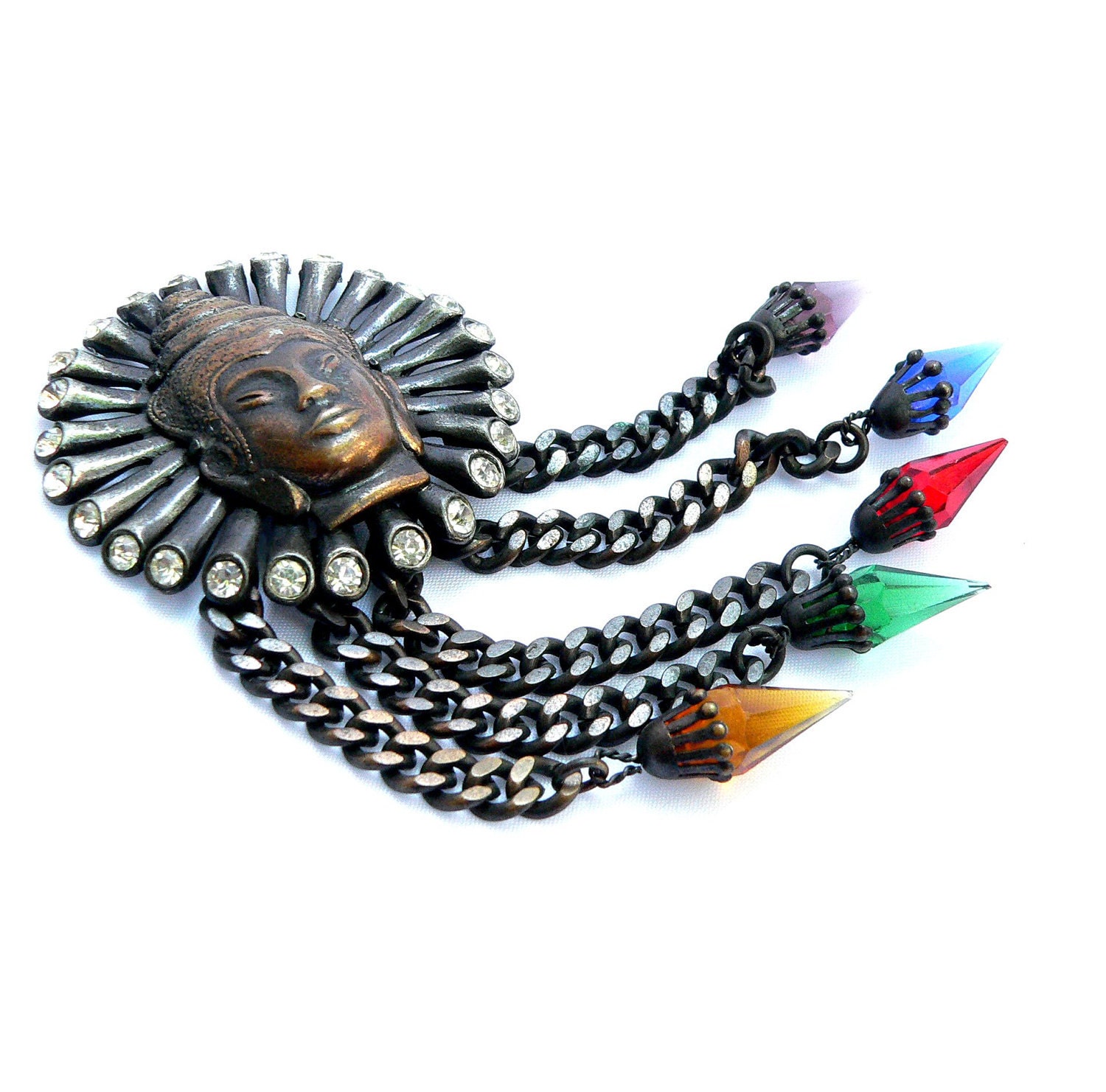 RAREST Reinad Buddha Signed Chanel Novelty Co Coat Adornment Brooch Bronze & Glass 1940s