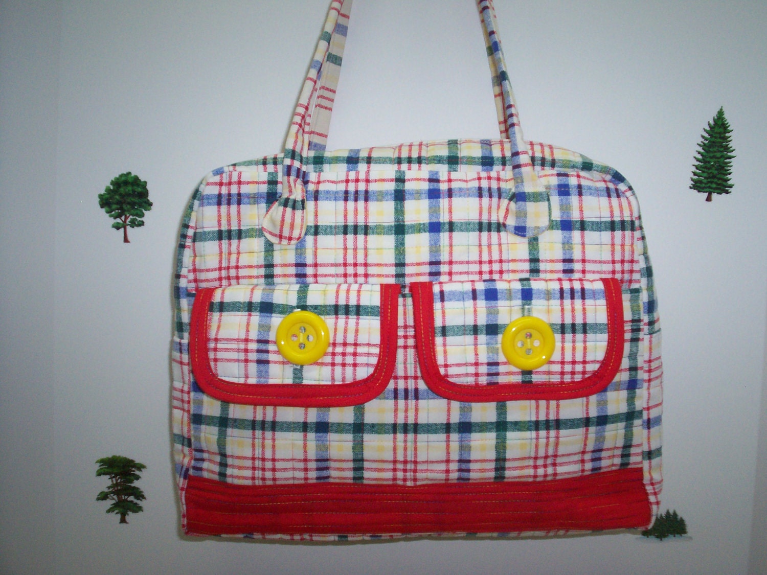 Large Quilted Plaid Purse / Overnight Bag