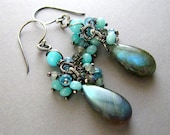 Labradorite, Amazonite and Apatite Sterling Wire Wrapped Earrings