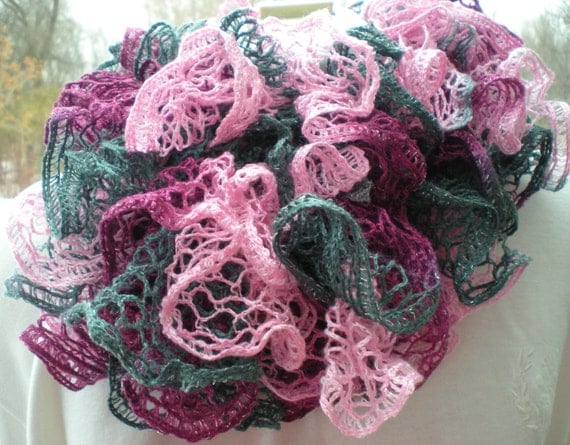 Pink and Gray Knit Ruffle Scarf