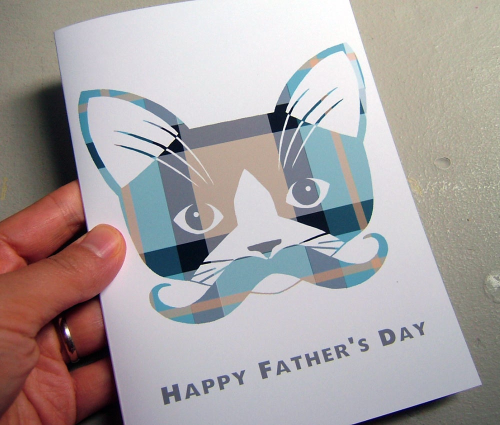 Father's Day Card. Mustache Kitty Cat. Plaid. Whiskers.