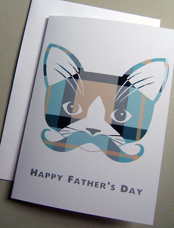 Father's Day Card. Mustache Kitty Cat. Plaid. Whiskers.