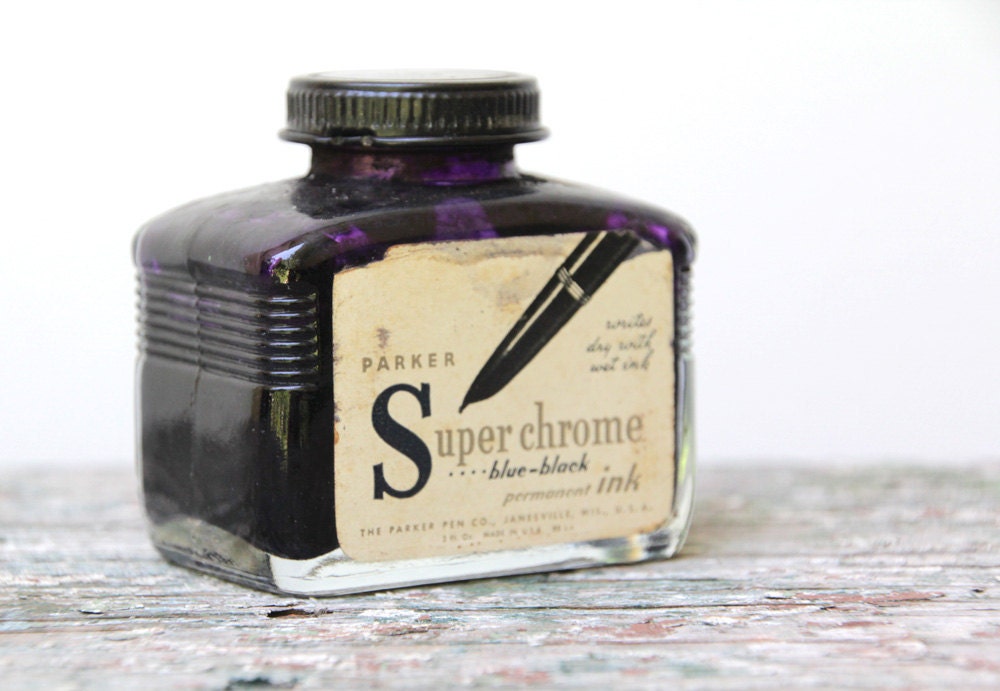 vintage ink bottle . back to school parker superchrome blue-black permanent ink - letterhappy