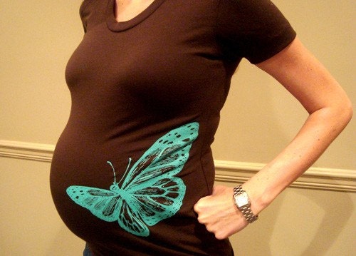 christmasinjuly / cij sale . maternity shirt . chocolate brown with teal butterfly . size large (LAST ONE)