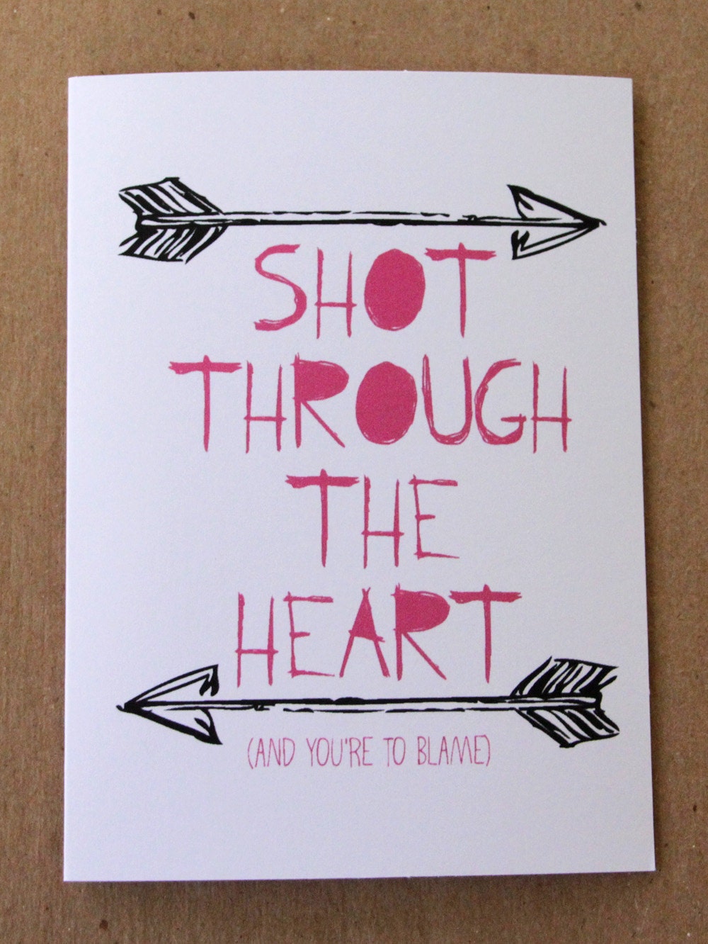love card shot through the heart bon jovi quote card pink typography black arrows letterhappy etsy tribal romantic stationery
