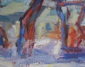 Winter Trees ABSTRACT Painting 9 x 12 ORIGINAL landscape snow lavender blue pink