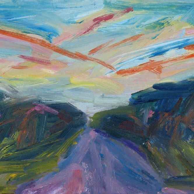 Sunset Route 202 ABSTRACT Painting 14 x 18 ORIGINAL oil landscape green lavender orange