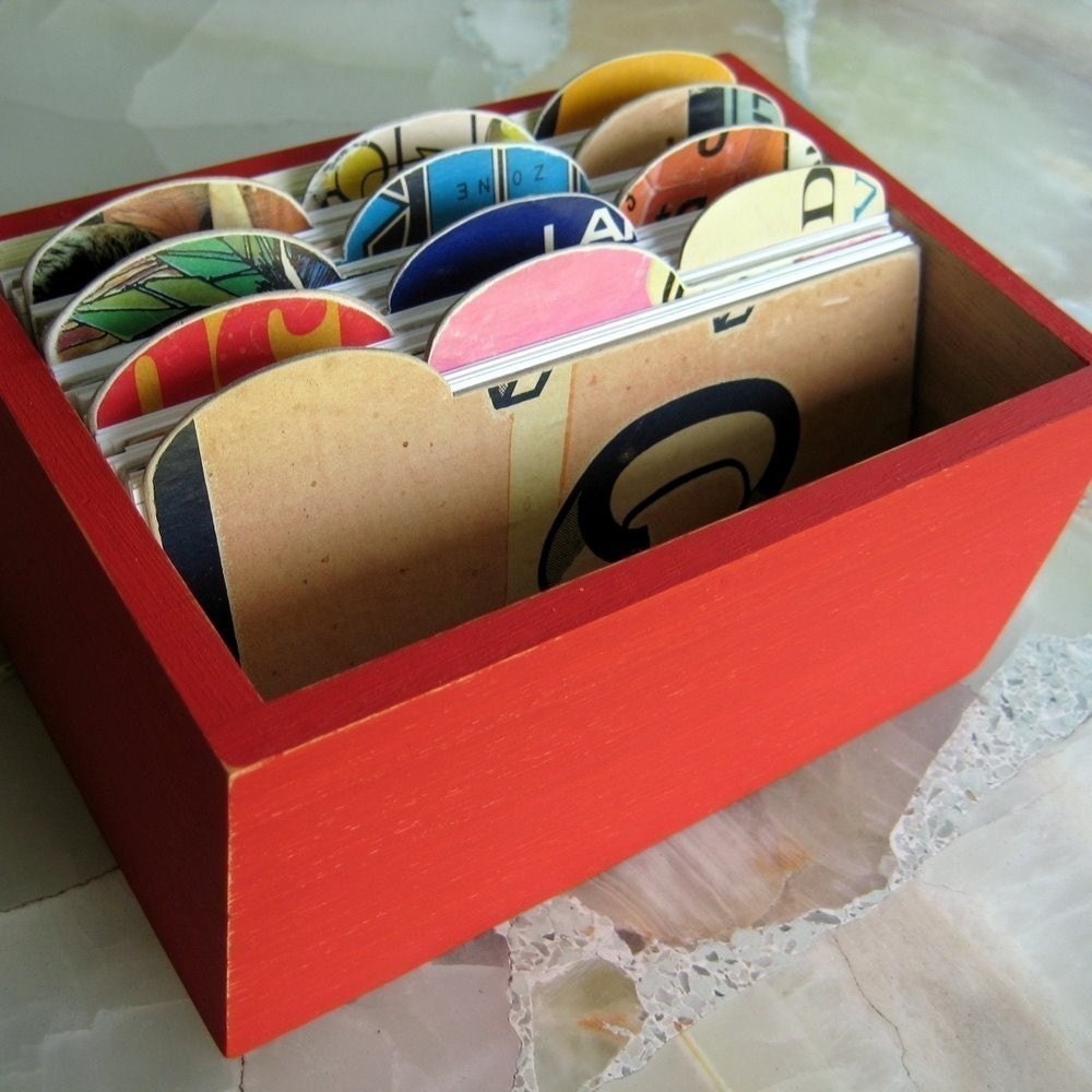 Red File Box with Vintage Record Album Cover Dividers