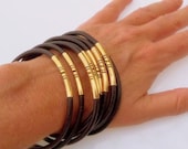 Stack of 8 Chocolate Brown Leather Bangle Bracelets