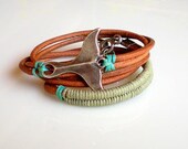 Friendship Bracelet Dark Natural  Leather Wrap Bracelet Antique Silver Whale Tail Light  Khaki  Turquoise Cotton Weave