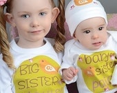 BIG LITTLE SISTER Shirt Set Personalized Short Sleeve, Baby Onesie, Hat, & Toddler Tee, Retro Modern Bird Flowers, Free Gift Wrap