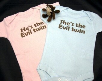 Funny Evil Twin Set of 2 Onesies, Great for Identical or Fraternal Twins, FREE GIFT WRAP