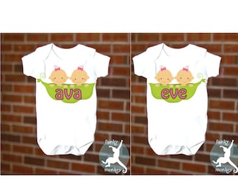 FUNNY TWIN SET 2 Peas in a Pod Baby Onesie Boy Girl Identical Girls, Short Sleeve, Free Gift Wrap