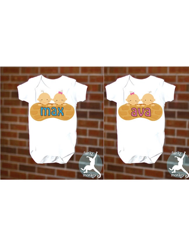 FUNNY TWIN SET 2 Peanuts in a Shell Baby Onesie Boy Fraternal Twins, Short Sleeve, Free Gift Wrap