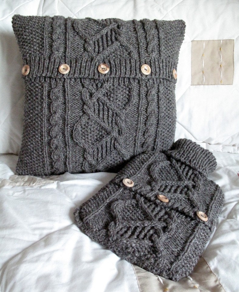 Bedroom Set - Cushion Cover and Hot Water Bottle Sweater / Cover- dark pebble grey