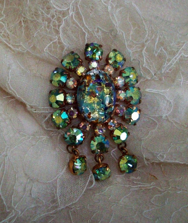 Rare Vintage Antique Brooch of 1950's - Aurora Borealis Crystal Rhinestones and Opal Glass Art