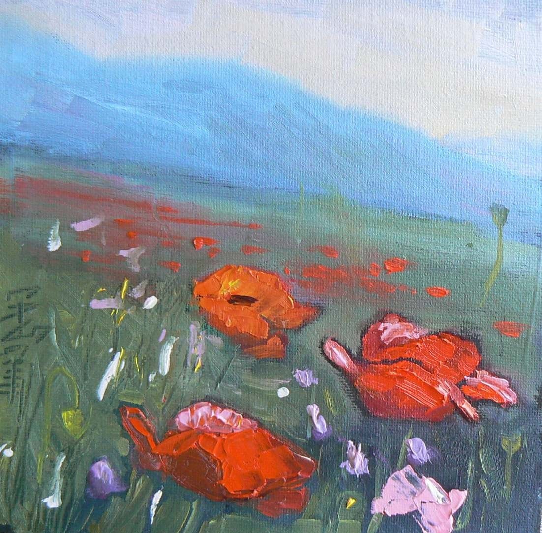 Landscape Original Oil Floral Daily Painting, Mountain Poppies, 5x5", OOAK  SALE