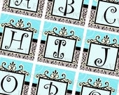 collage sheet I've been Framed Swirly monogram .875 inch square , 7/8 , Black and White Damask, Blue , alphabet