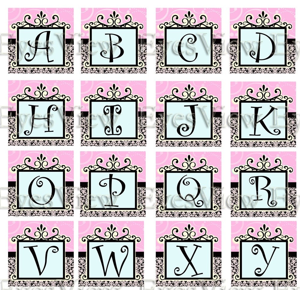 collage sheet I've been Framed Swirly monogram .875 inch square , 7/8 , Black and White Damask, pink , alphabet