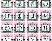 collage sheet I've been Framed Swirly monogram ..75 x .83  inch  , scrabble , Black and White Damask, pink , alphabet