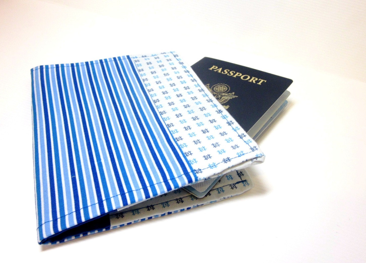 Fabric Passport Cover in Blue Stripes and Checks