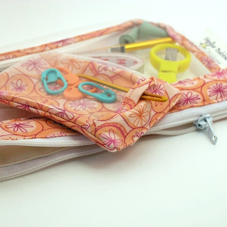 Small bag for knit or crochet tools- tangerine flower fabric and vinyl with stitch marker pouch