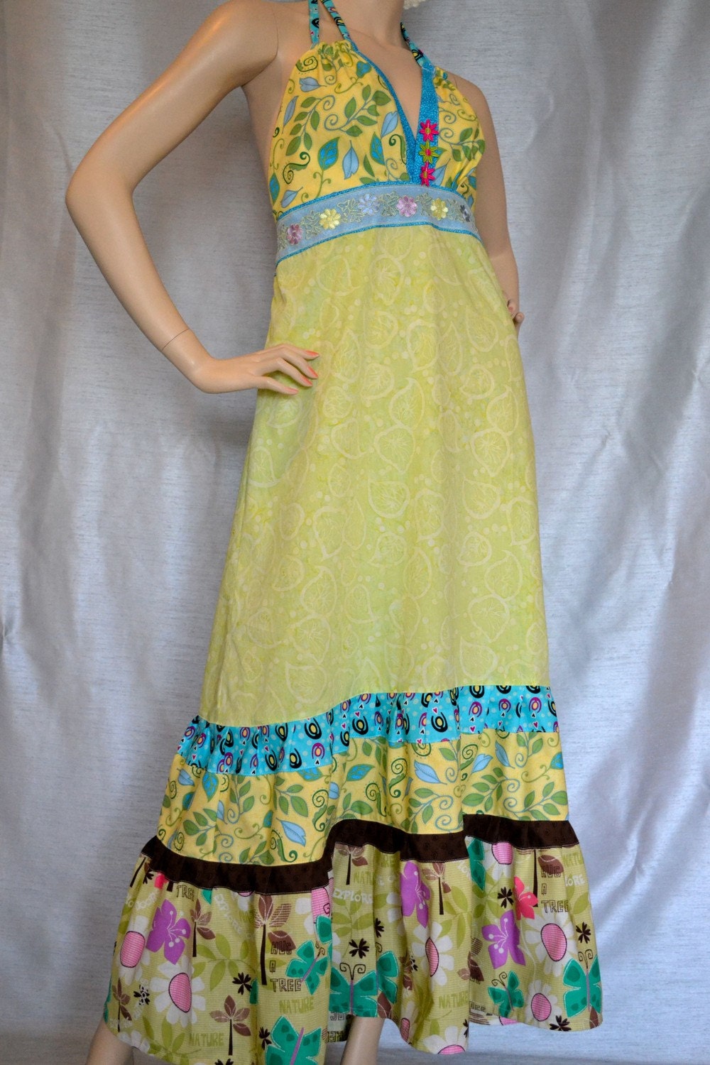 Sale Green Leaves Hippie Patchwork Halter Dress