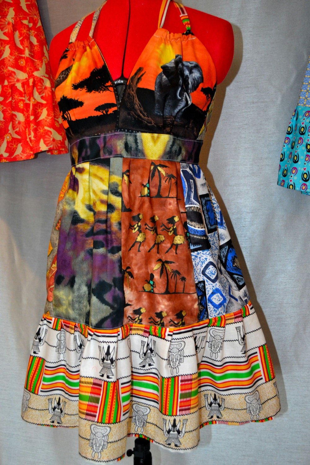 Affrican wax Print Hippie Patchwork  Sexy Halter Dress On Sale