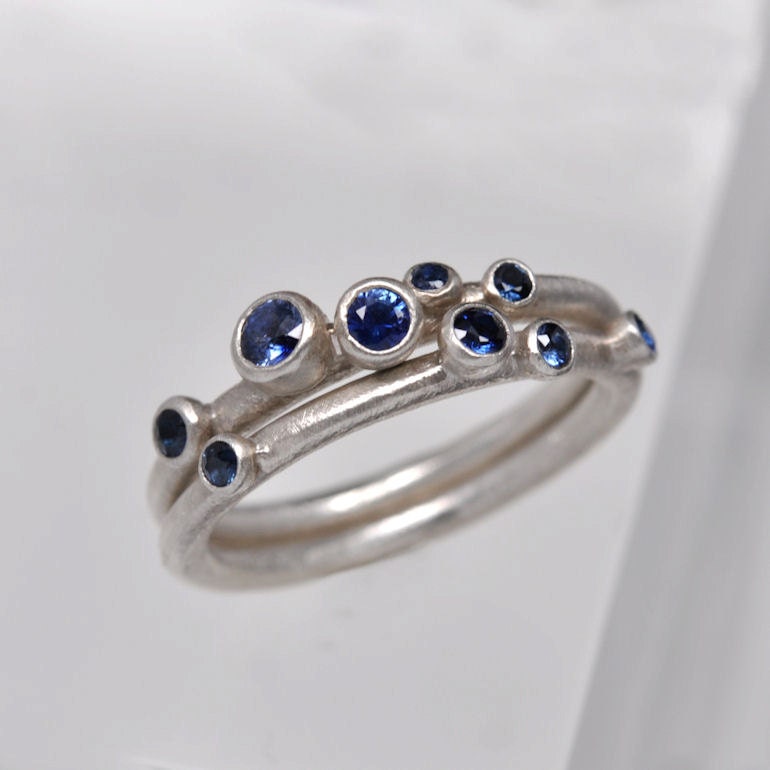 Sapphire anemone ring set of 2 - sterling silver.