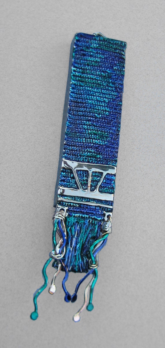 Tallit Mezuzah in Blues and Greens (Bronze) by Ruth Shapiro