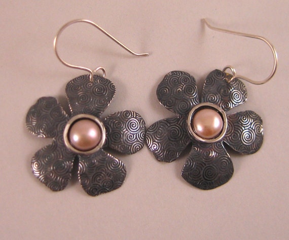 Etched Sterling Silver Flower Earrings  with Pearls
