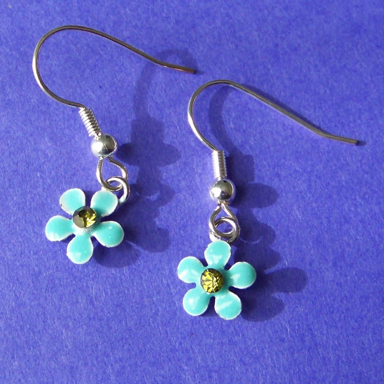 Dainty Blue Flower Earrings with Rhinestones