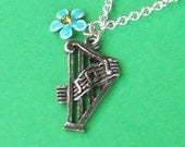 Musical Harp Charm Necklace with Blue Flower