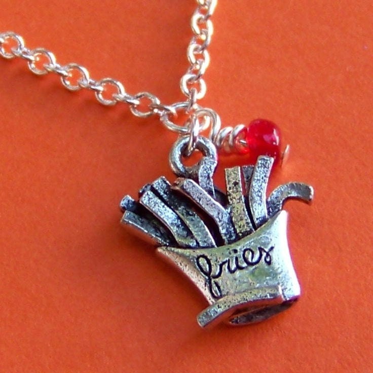Free shipping - Miniature French Fries Pewter Charm Necklace with tiny red bead and silver chain
