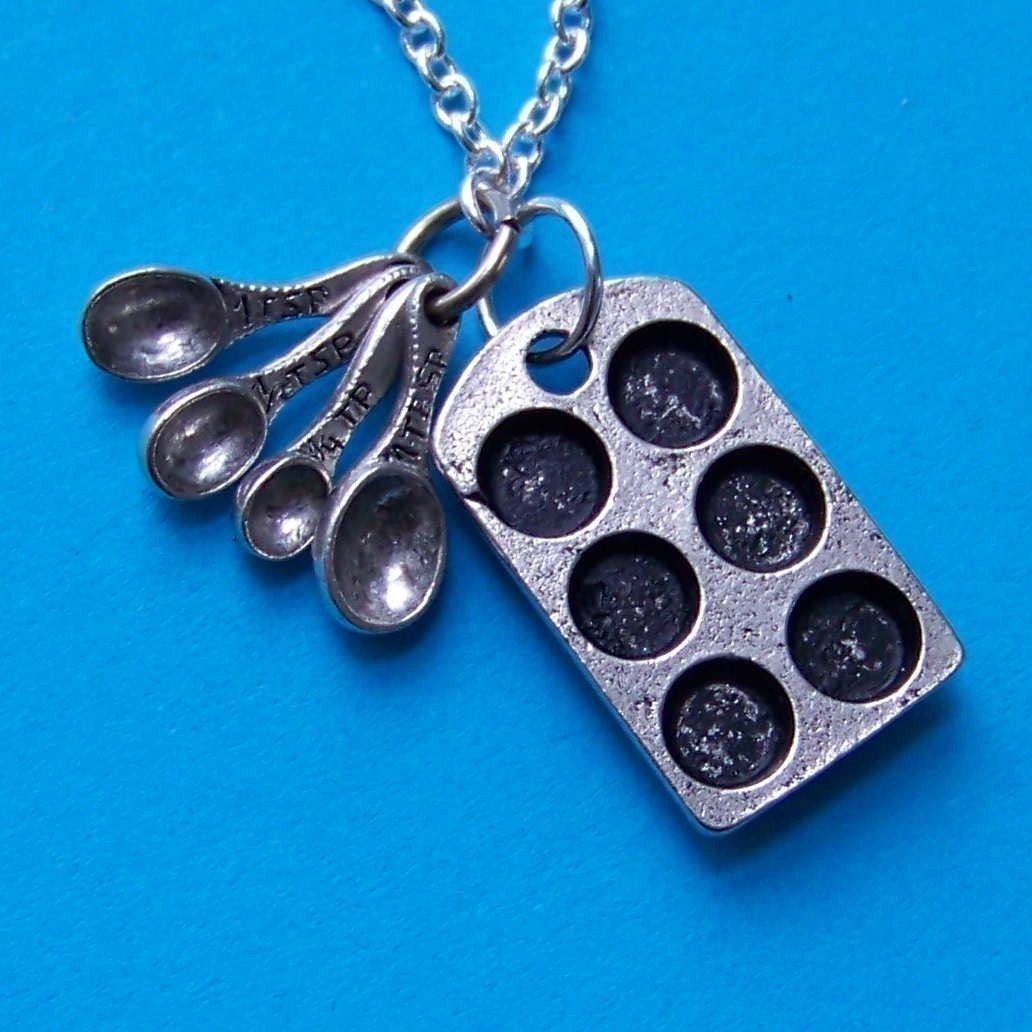 Loves to Bake Cupcakes Pewter Charm Necklace- with antiqued muffin tin miniature measuring spoons and silver chain
