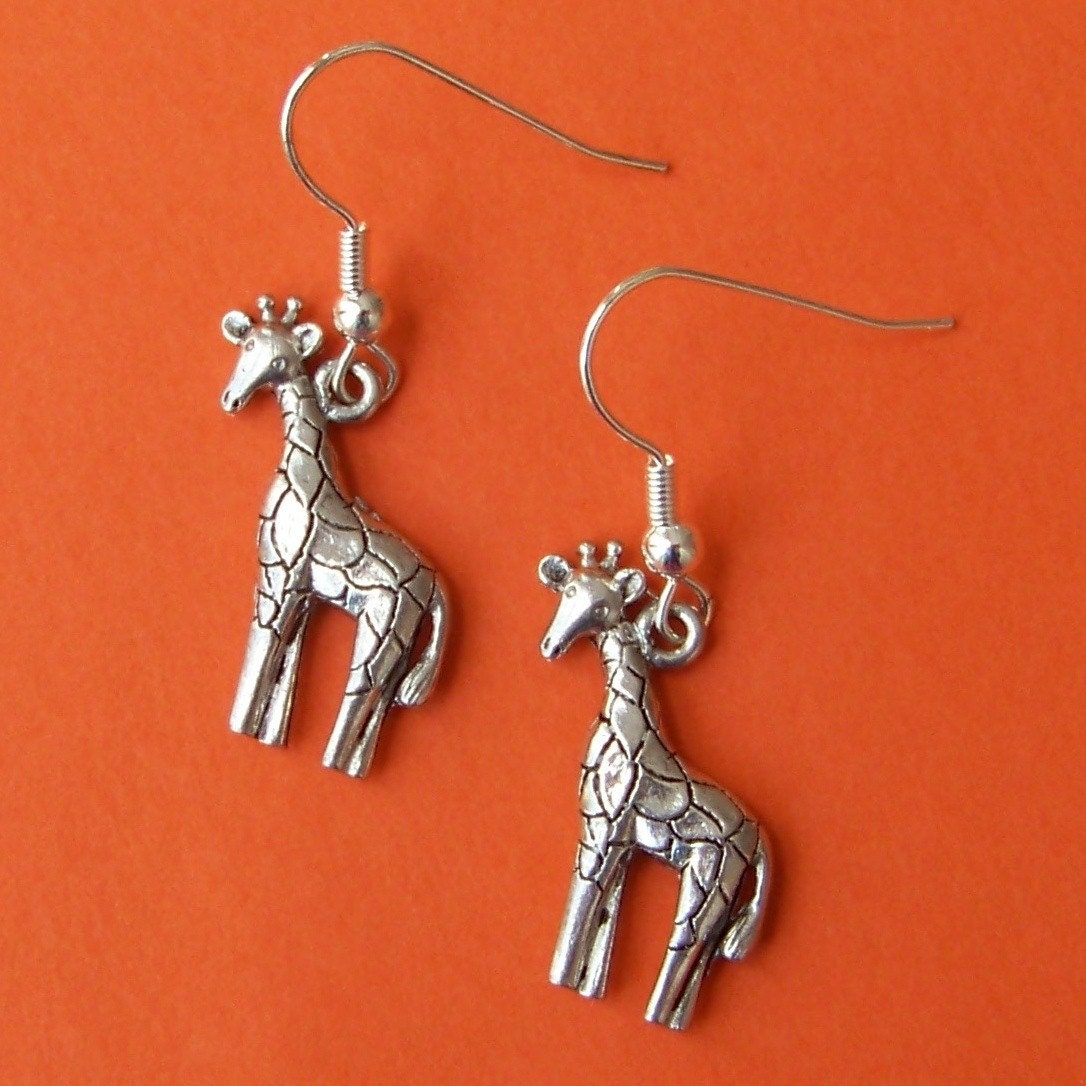 Miniature Giraffe Dangle Earrings on Silver Hooks