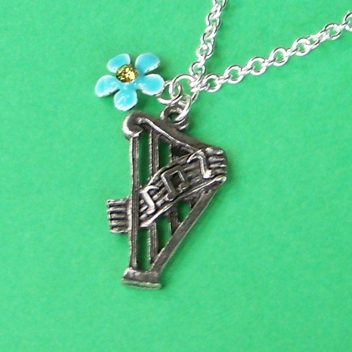 Musical Harp Charm Necklace with Blue Flower