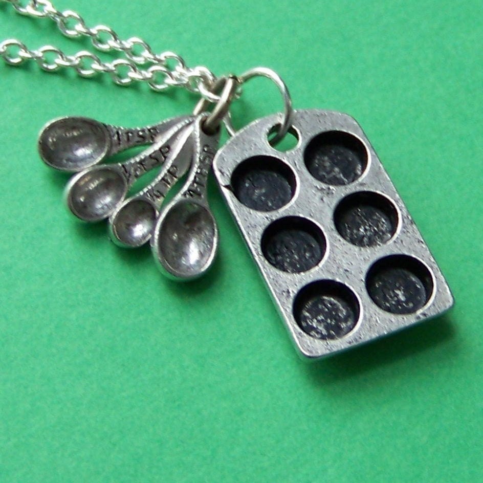 The Original Cupcake Lover Charm Necklace with Antiqued Pewter Baking Tin and Miniature Measuring Spoons and Silver Chain