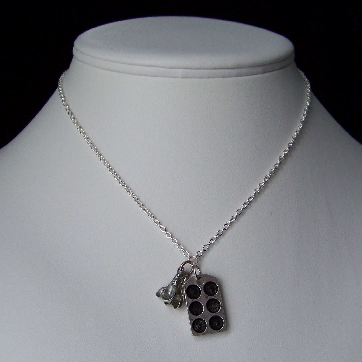 Loves to Bake Cupcakes Pewter Charm Necklace- with antiqued muffin tin miniature measuring spoons and silver chain