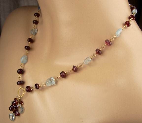 Aquamarine Necklace Garnet 14k Gold Fill Wire Wrapped Rosary Necklace March Birthstone - Rena