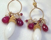 Ruby Jewelry White Aventurine Gold Hoop Earrings Ruby Wire Wrapped 14k Gold Filled Long Spring Fashion