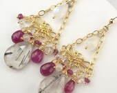 ON SALE  30% off - Red Ruby Rutilated Quartz Earrings Chandelier Handcrafted Gold Wire Wrapped Spring Fashion - Frances