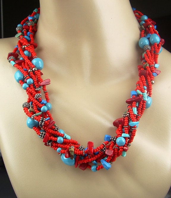 Turquoise Red Coral Statement Necklace Multistrand Multicolor Colorful Summer Beaded Necklace
