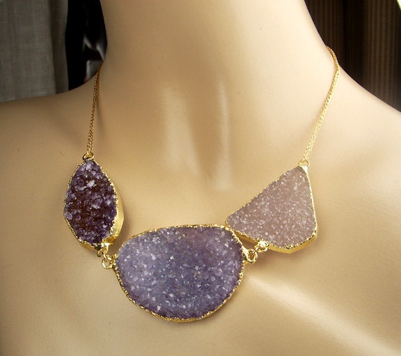 Druzy Necklace Jasper Crystal Geode Large Crystal Slice Statement Necklace Lavender Purple Gold Luxury Spring Fashion