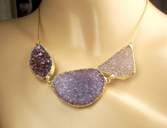 Druzy Necklace Jasper Crystal Geode Large Crystal Slice Statement Necklace Lavender Purple Gold Luxury Spring Fashion